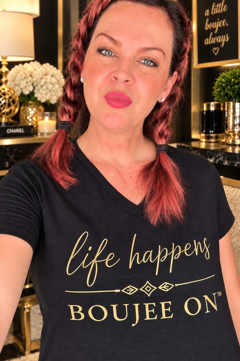 life happens ~ Boujee On™ Embroidered V-Neck Tee